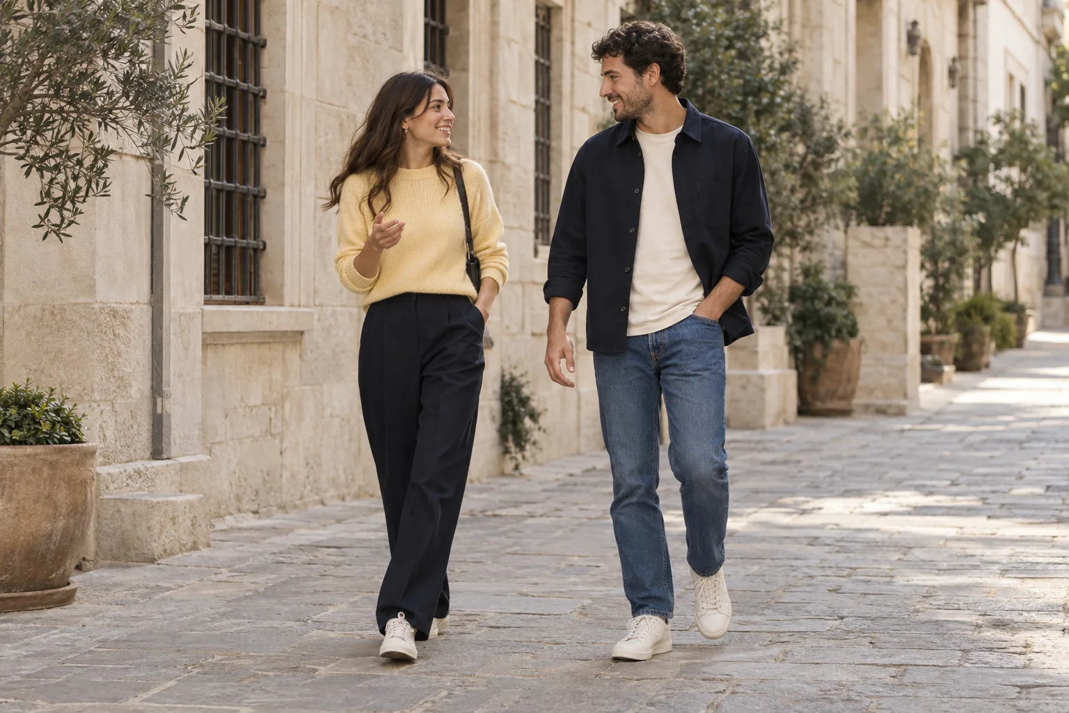 Two friends walking together in everyday outfits