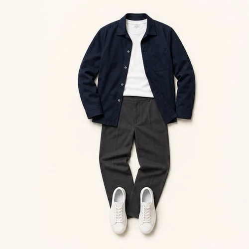 An outfit with a navy overshirt, ecru T-shirt, grey trousers and white trainers