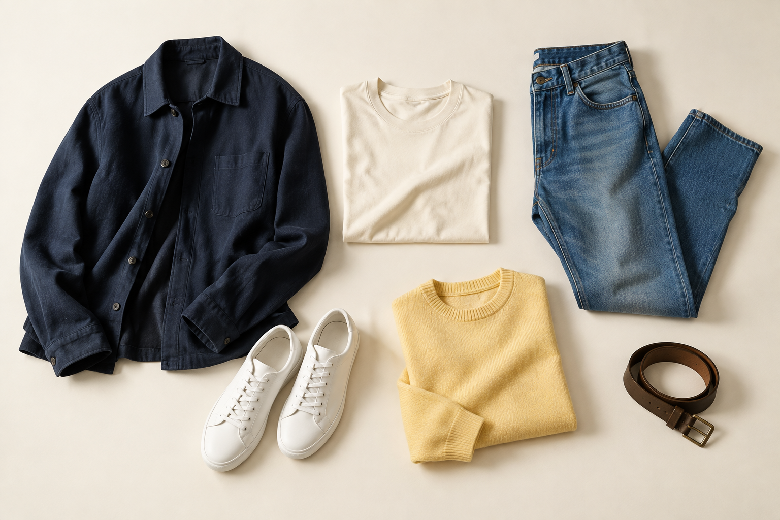 Lacivert, ekru, denim ve sarıdan oluşan günlük gardırop